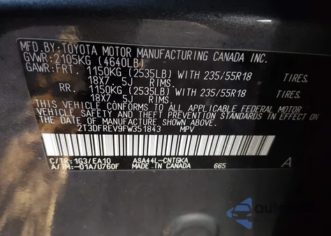 2015 Toyota Rav4 Limited from USA, damaged, VIN 2T3DFREV9FW351843